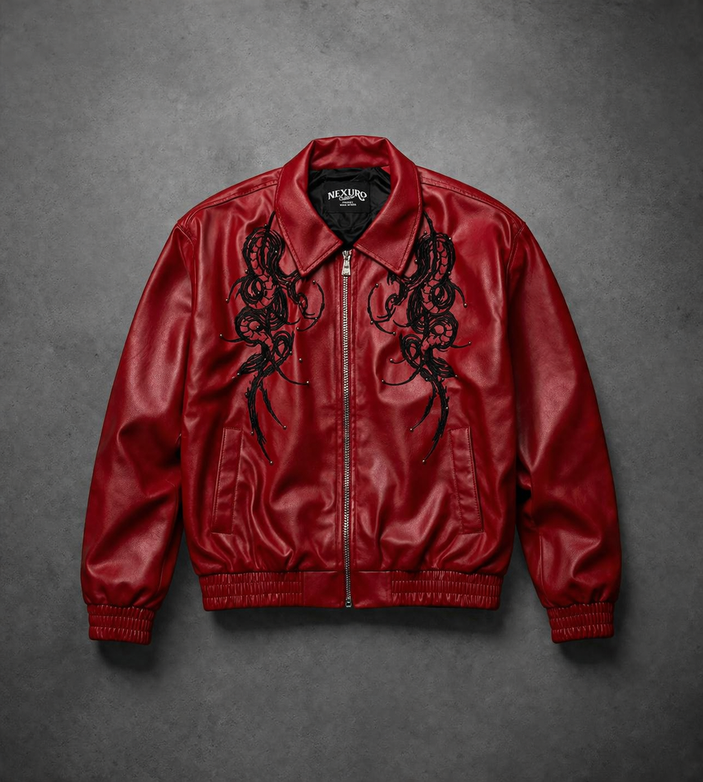 Inferno Serpent Gothic Rexine Jacket – Red Statement Edition